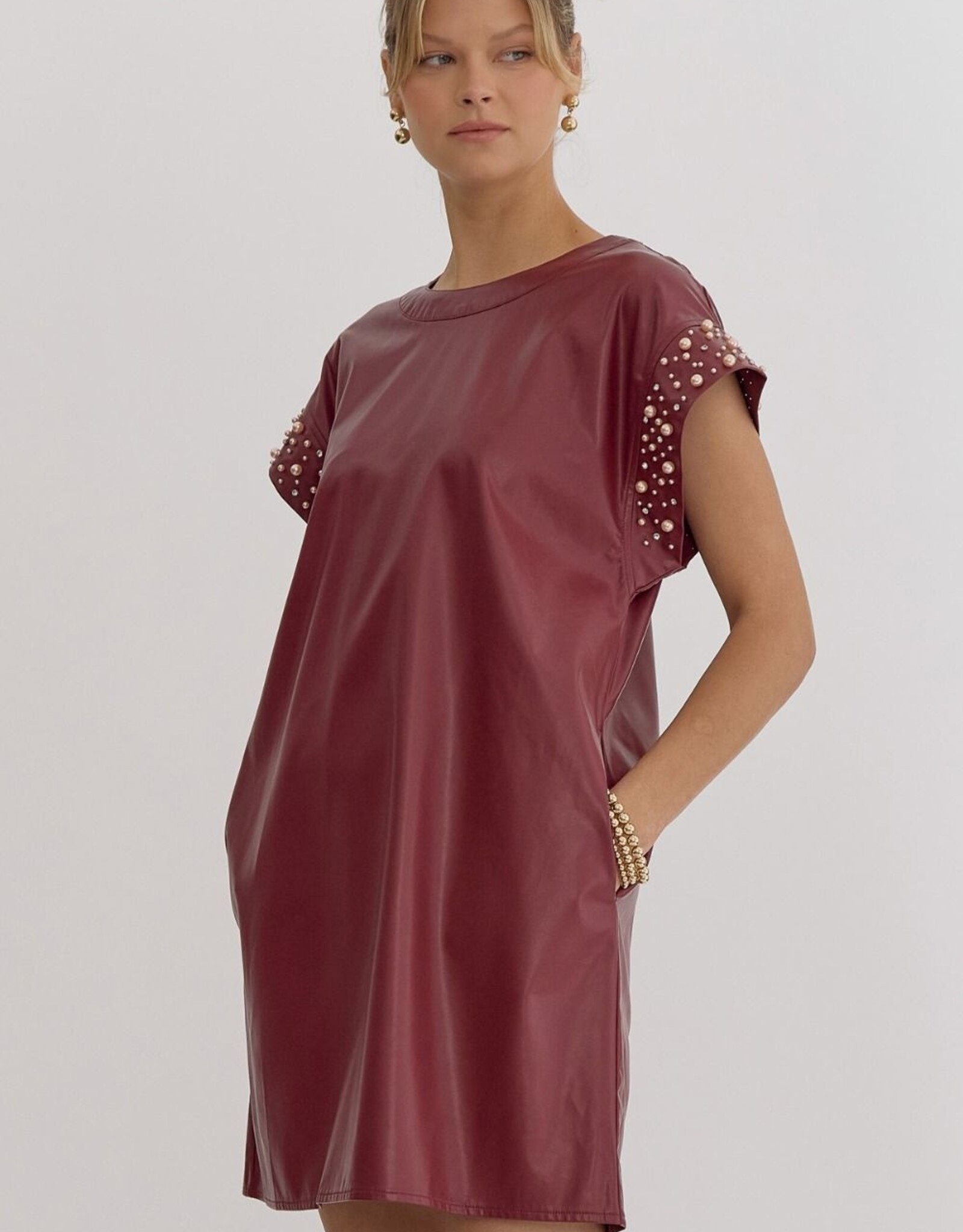Faux Leather Mini Dress w/Pearl and Rhinestone Detail