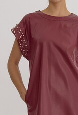 Faux Leather Mini Dress w/Pearl and Rhinestone Detail