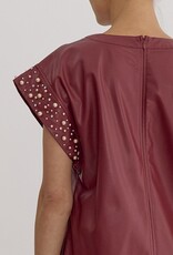 Faux Leather Mini Dress w/Pearl and Rhinestone Detail