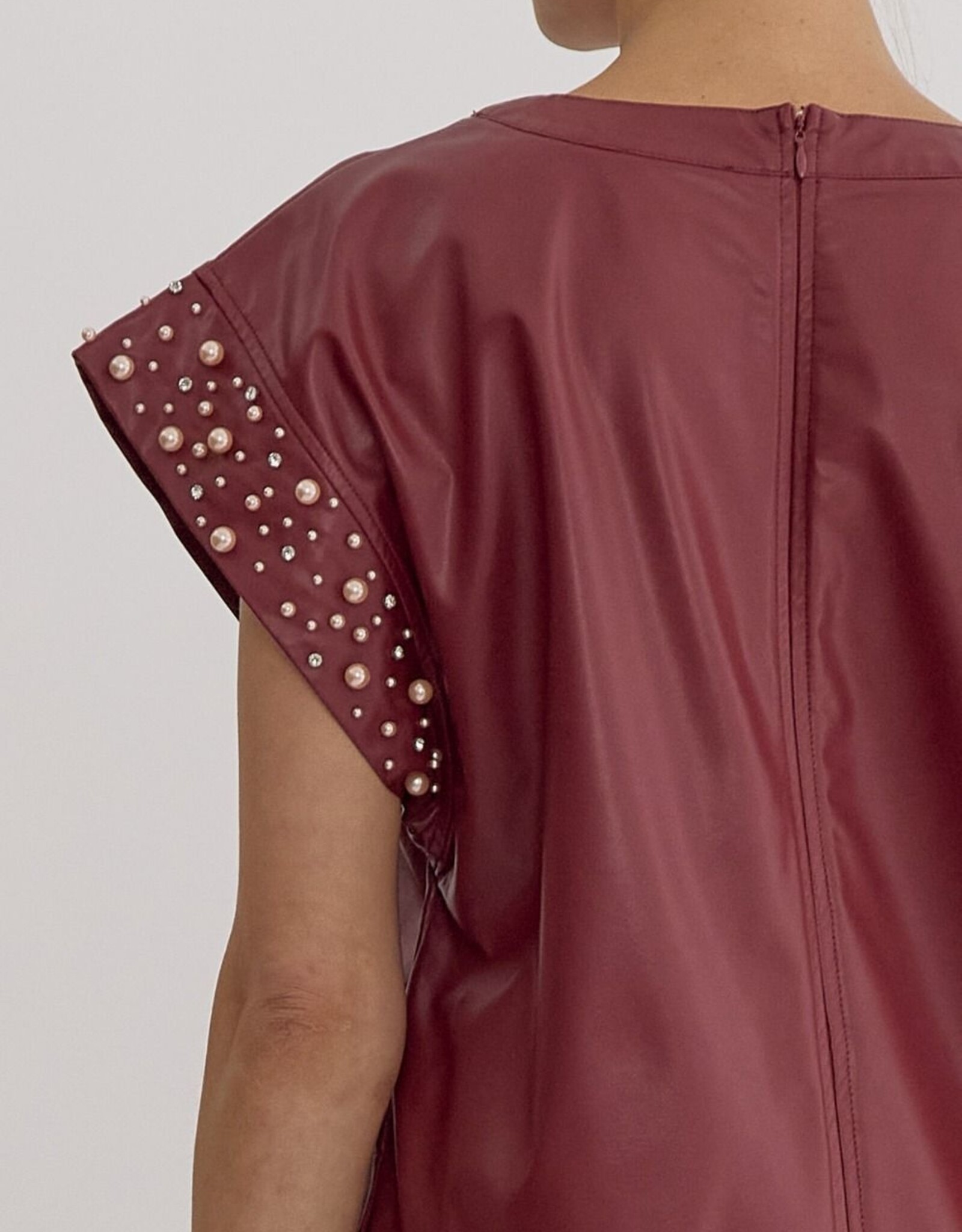 Faux Leather Mini Dress w/Pearl and Rhinestone Detail