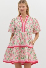 Floral Dress w/ Red & Pink Striped Hem