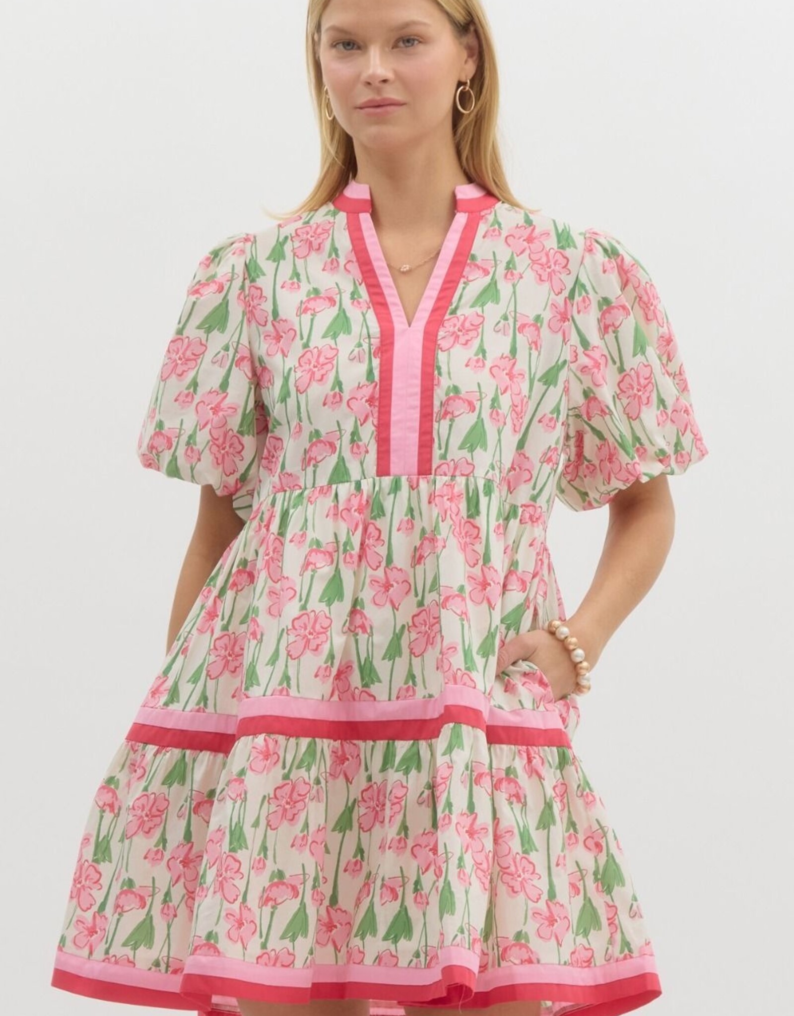 Floral Dress w/ Red & Pink Striped Hem