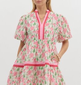 Floral Dress w/ Red & Pink Striped Hem