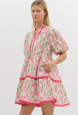 Floral Dress w/ Red & Pink Striped Hem