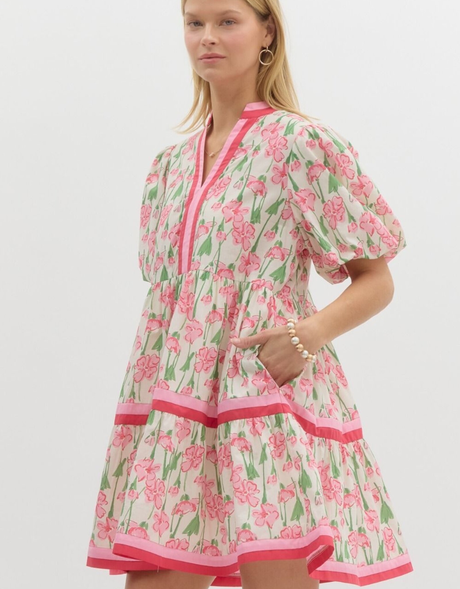 Floral Dress w/ Red & Pink Striped Hem
