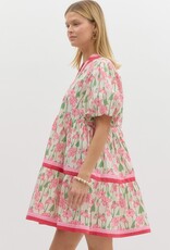 Floral Dress w/ Red & Pink Striped Hem