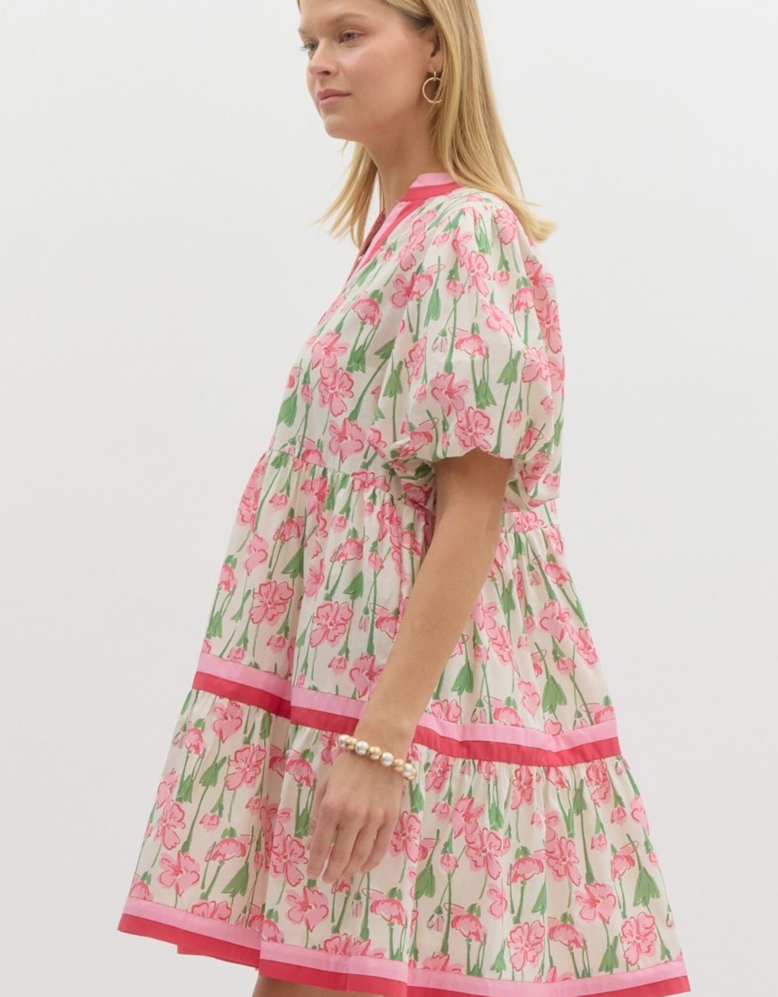 Floral Dress w/ Red & Pink Striped Hem
