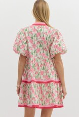 Floral Dress w/ Red & Pink Striped Hem