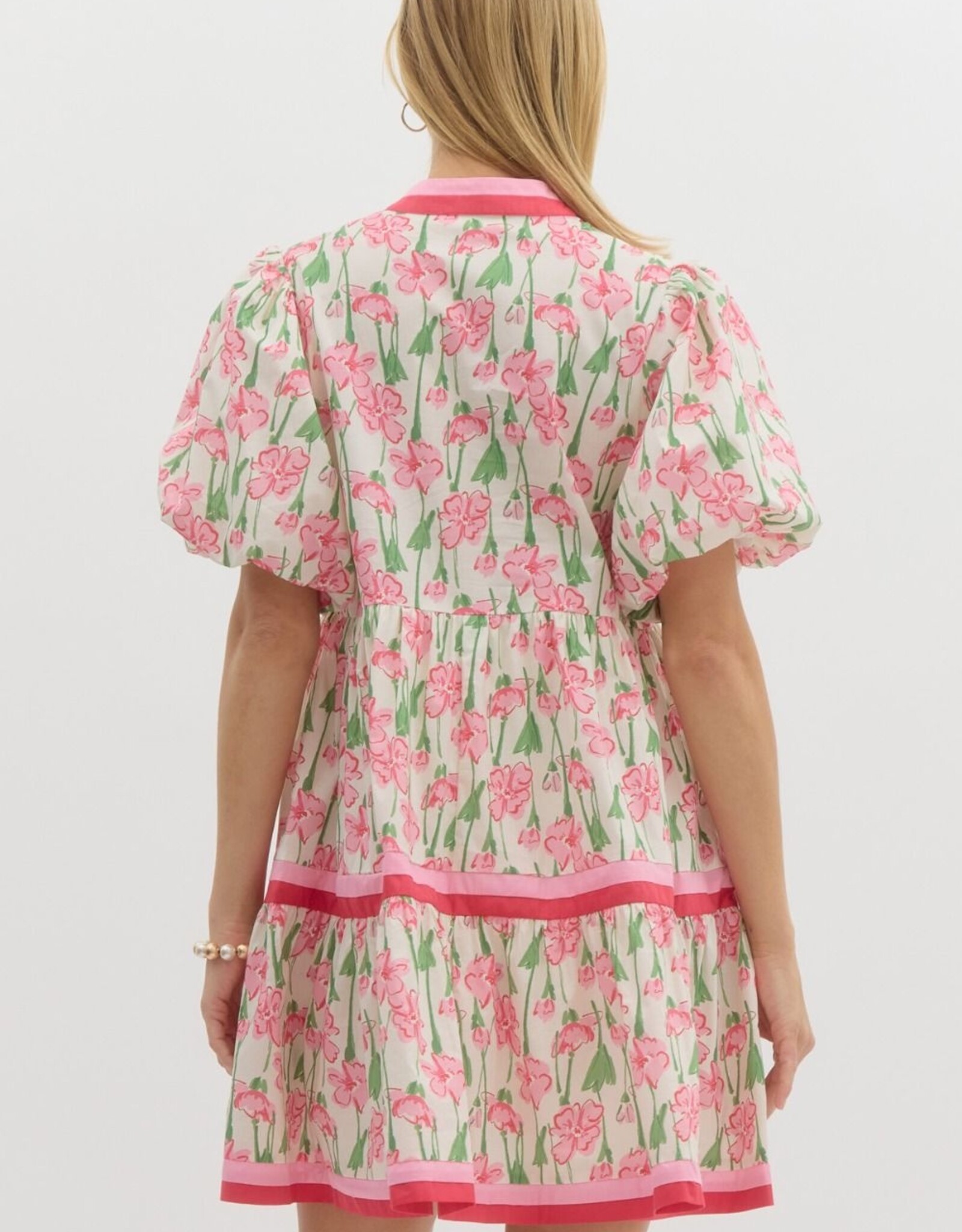 Floral Dress w/ Red & Pink Striped Hem