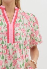 Floral Dress w/ Red & Pink Striped Hem