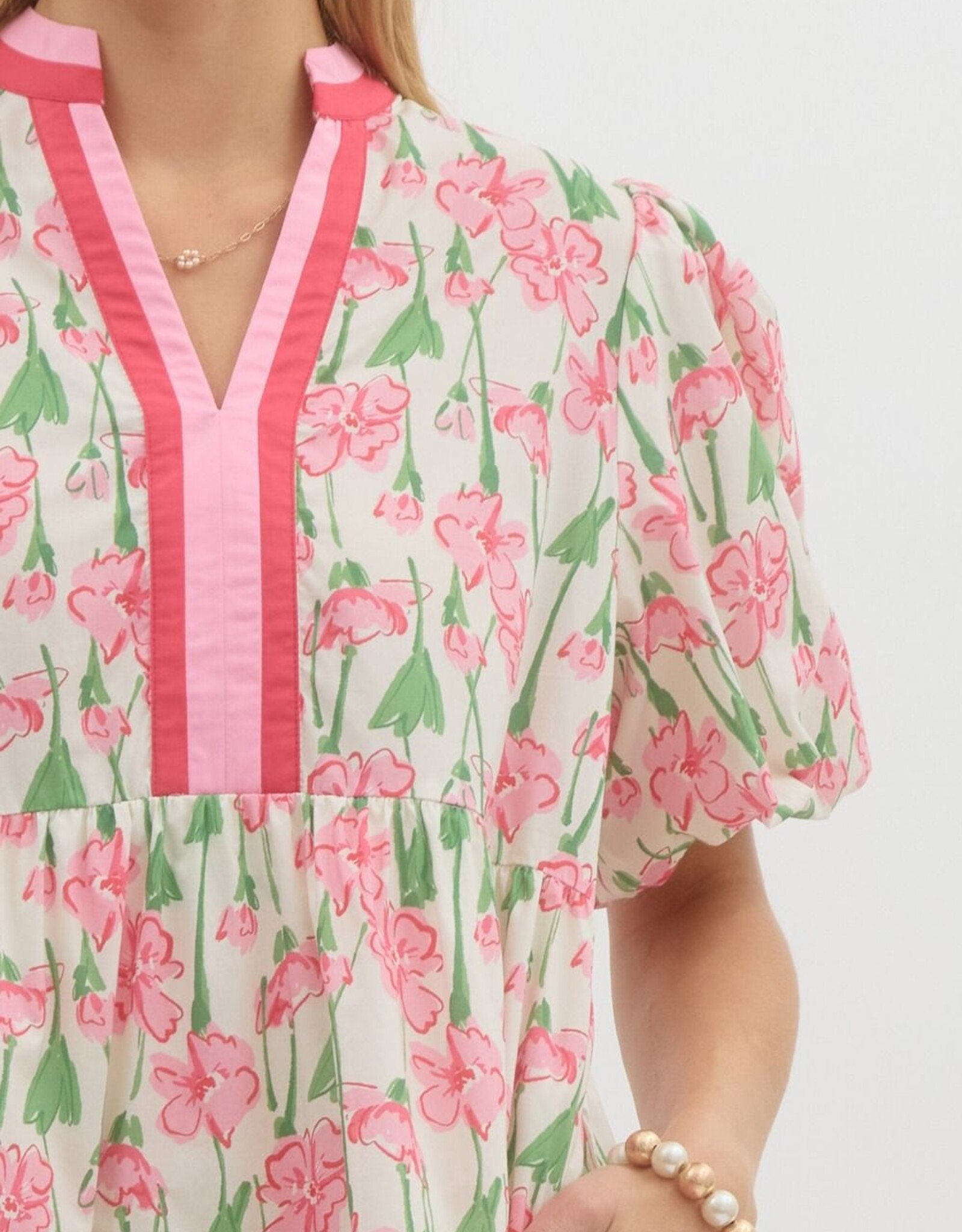 Floral Dress w/ Red & Pink Striped Hem