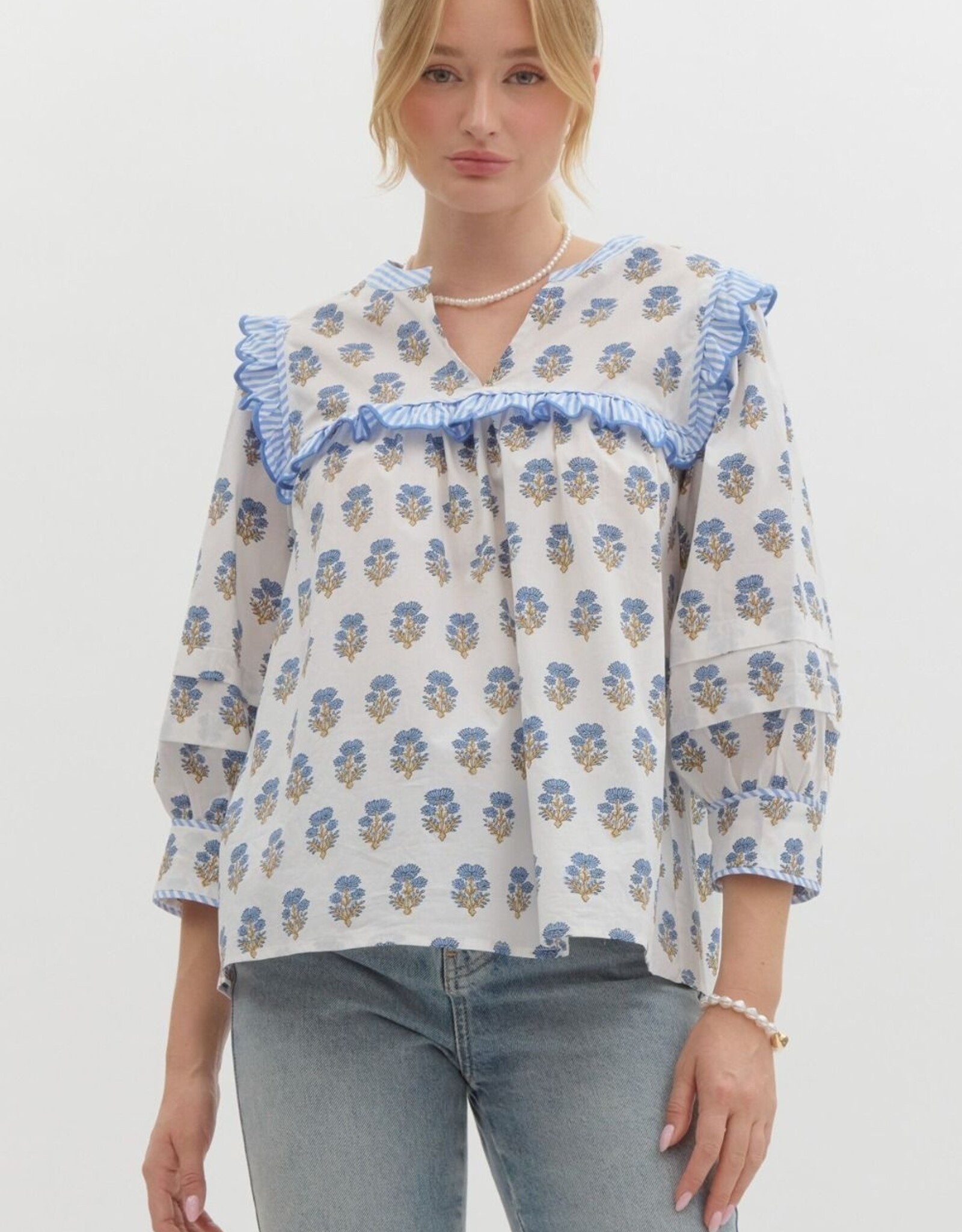 Botanical top w/ Striped Scallop Trim