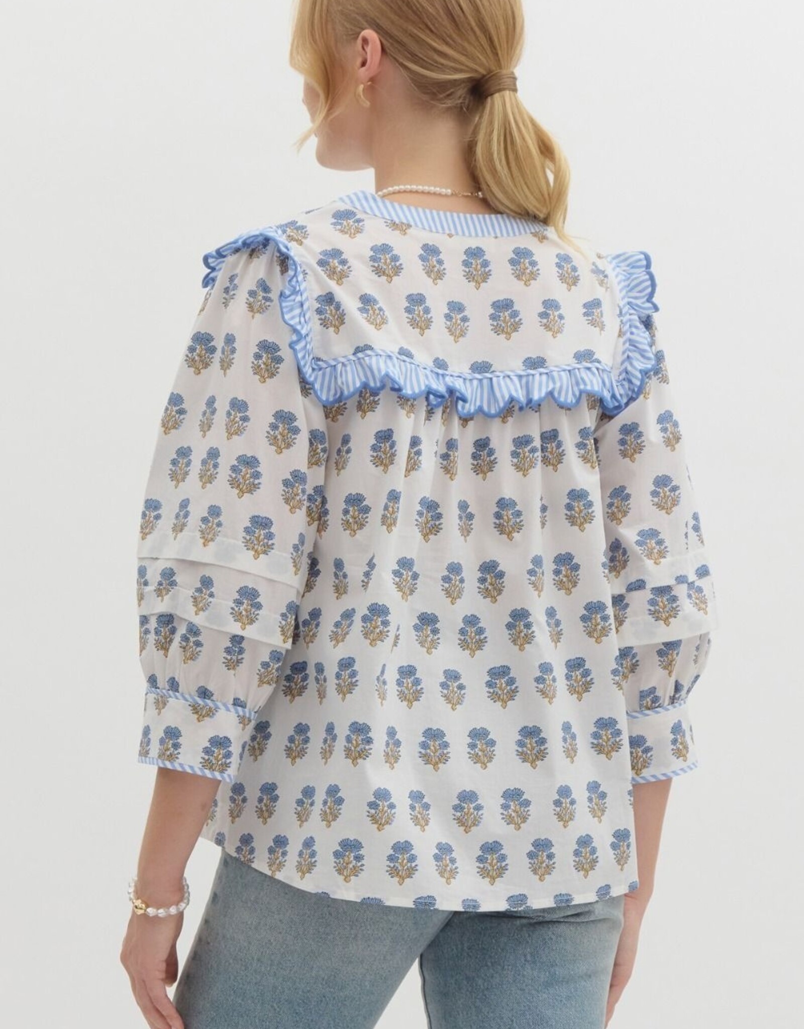 Botanical top w/ Striped Scallop Trim