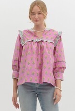 Botanical top w/ Striped Scallop Trim
