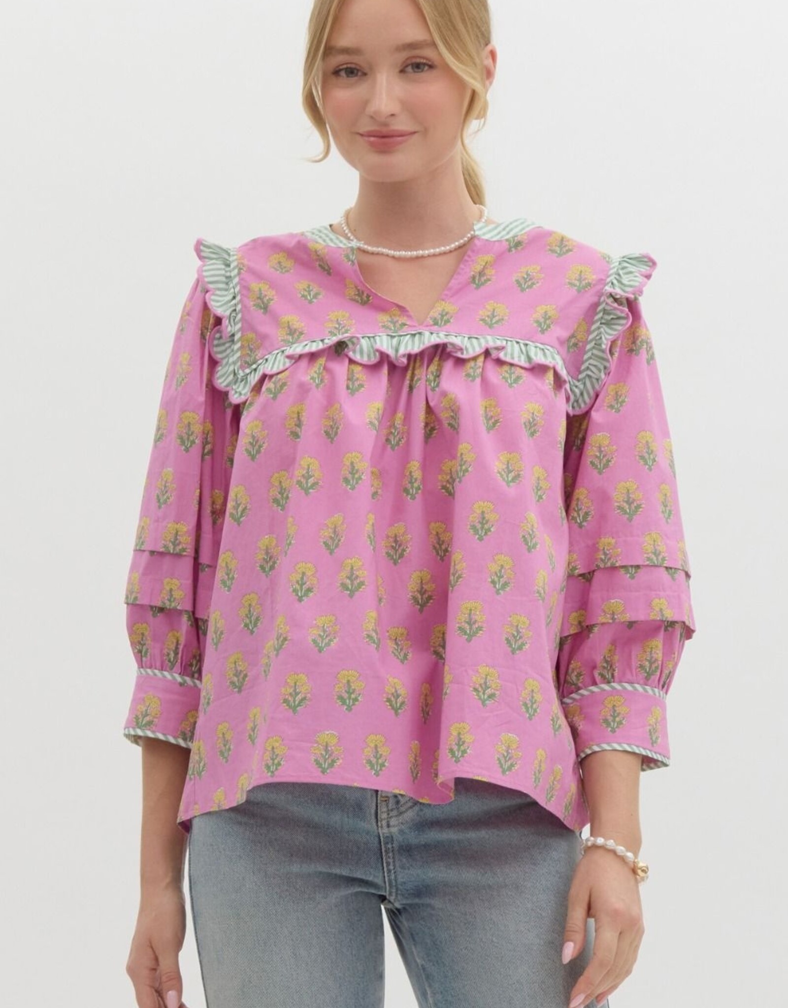 Botanical top w/ Striped Scallop Trim