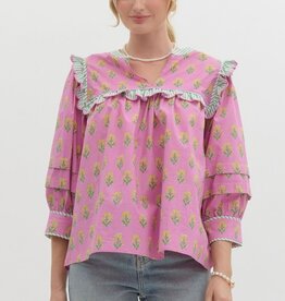 Botanical top w/ Striped Scallop Trim