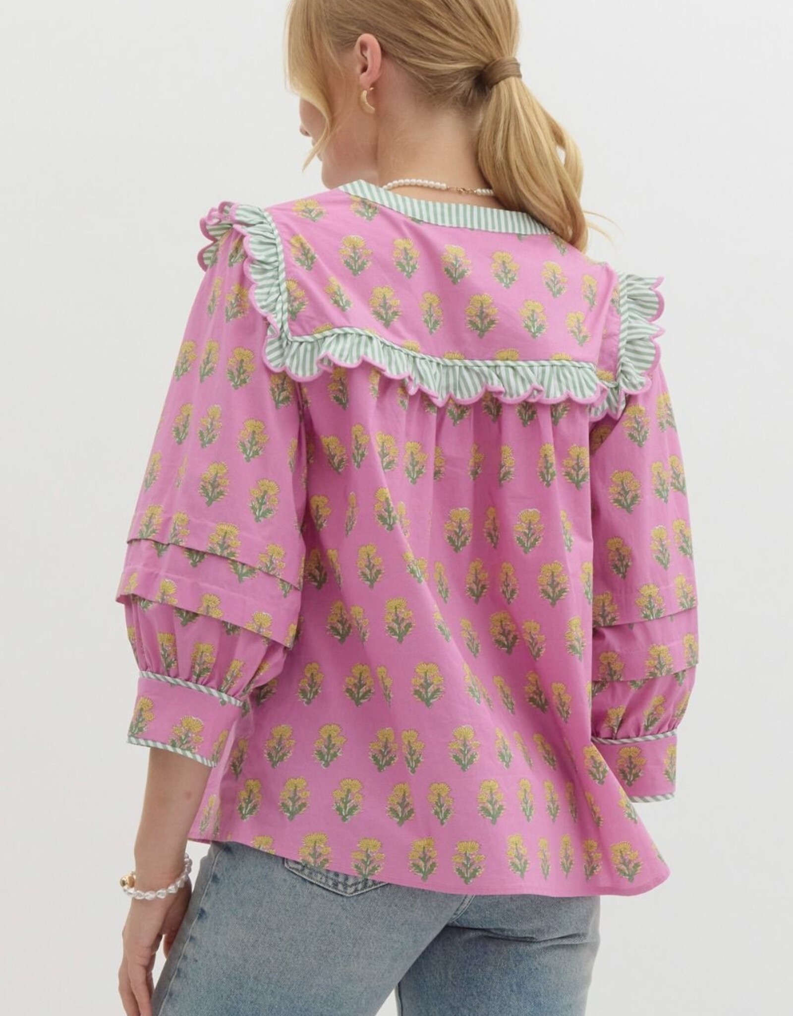 Botanical top w/ Striped Scallop Trim