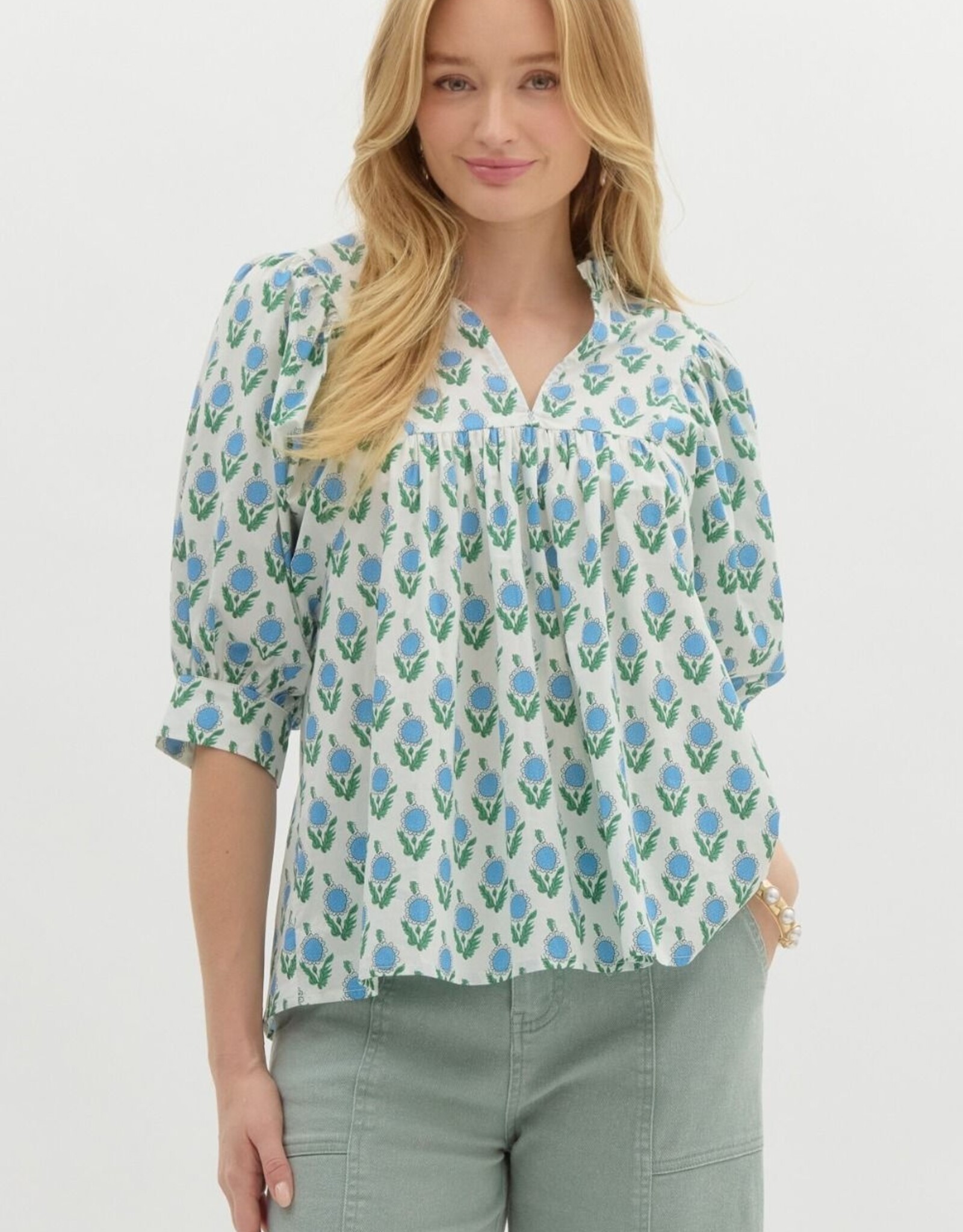 Botanical Puff Sleeve Blouse- Off White