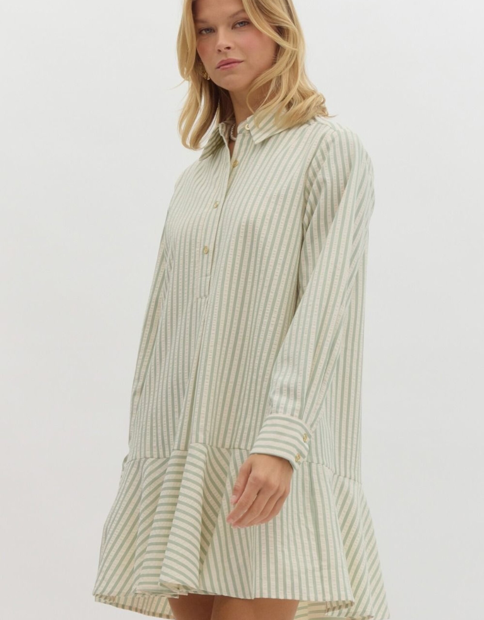 Sage Stripe Dress w/ Drop Waist