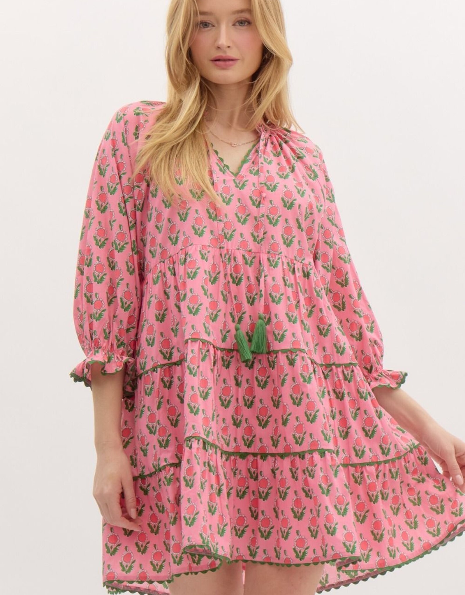 Floral Dress w/ Scallop Trim- Pink