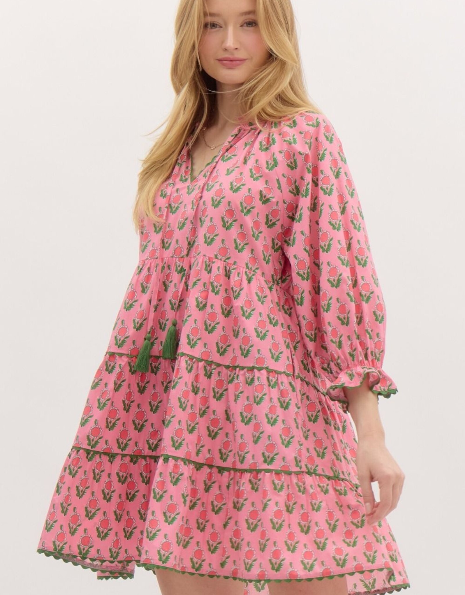 Floral Dress w/ Scallop Trim- Pink