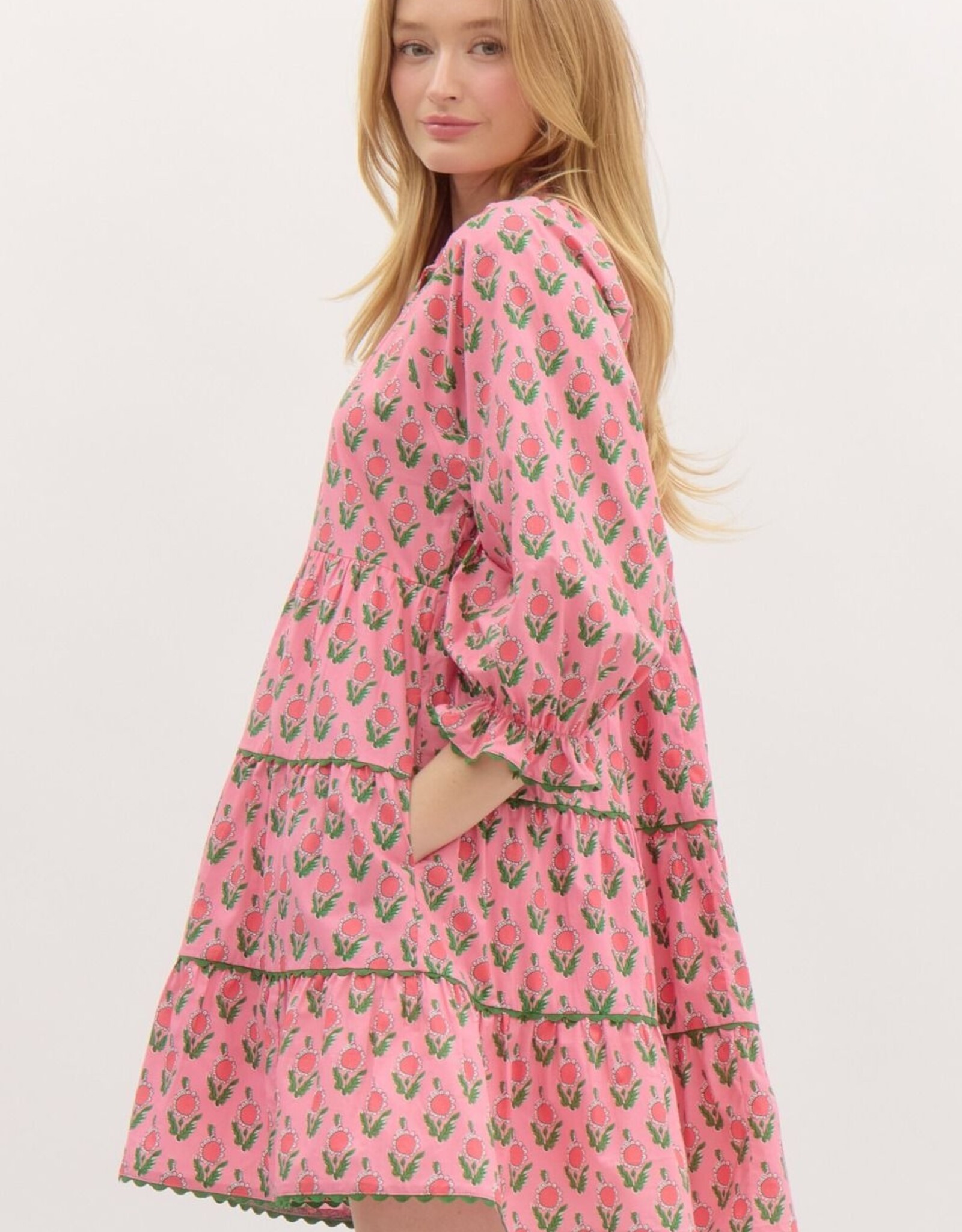 Floral Dress w/ Scallop Trim- Pink