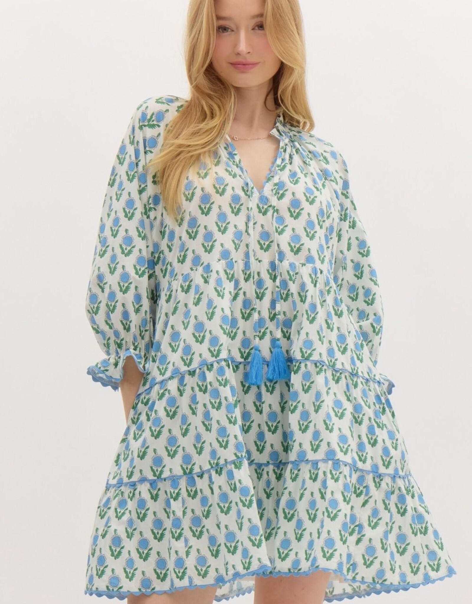 Floral Dress w/ Scallop Trim- Off White