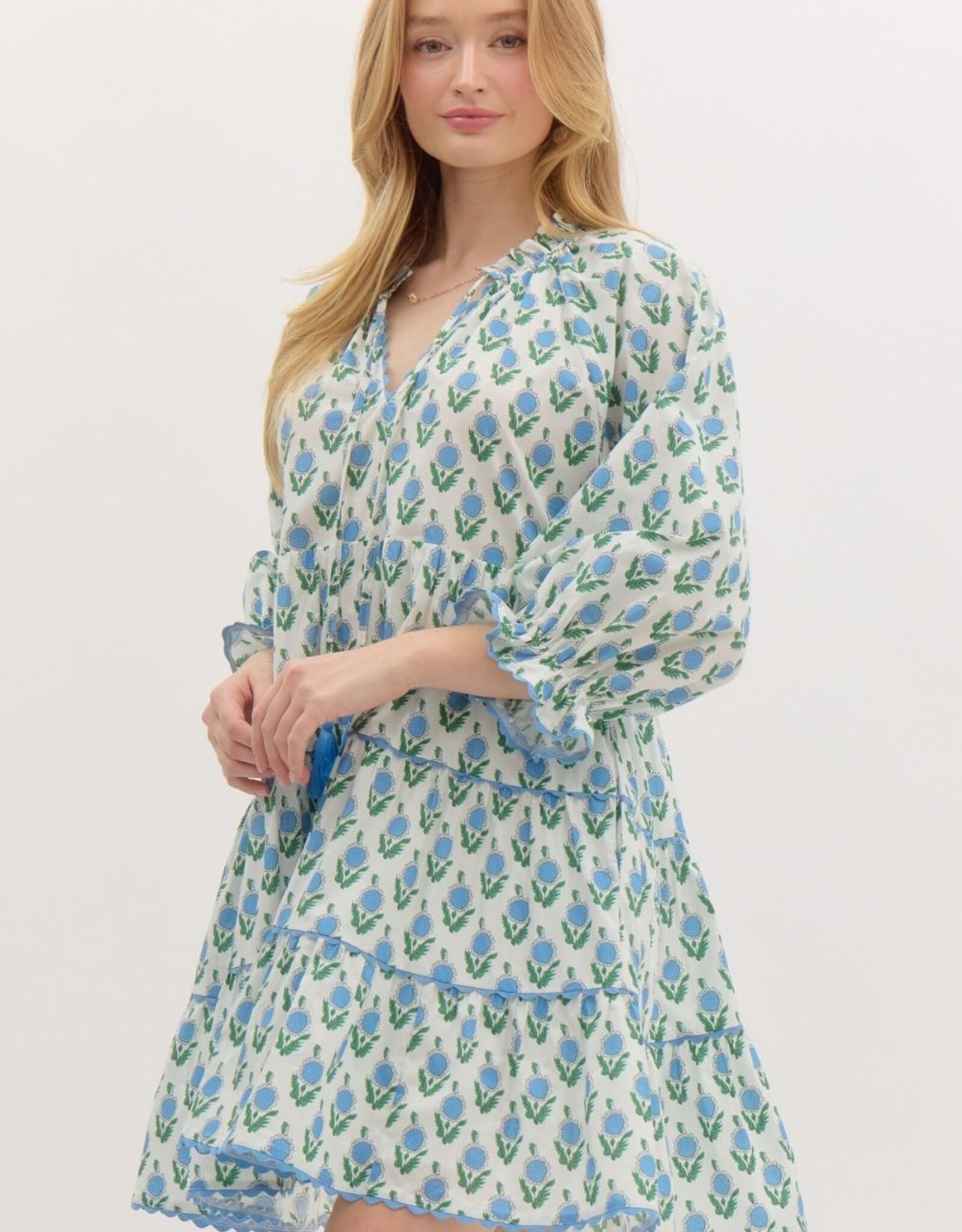 Floral Dress w/ Scallop Trim- Off White