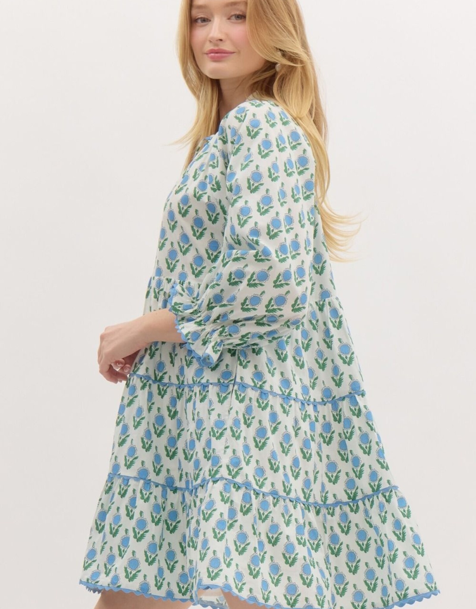 Floral Dress w/ Scallop Trim- Off White