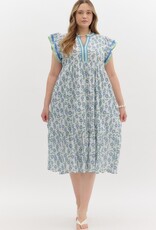 Green & Blue Floral Dress w/ Contrast Trim