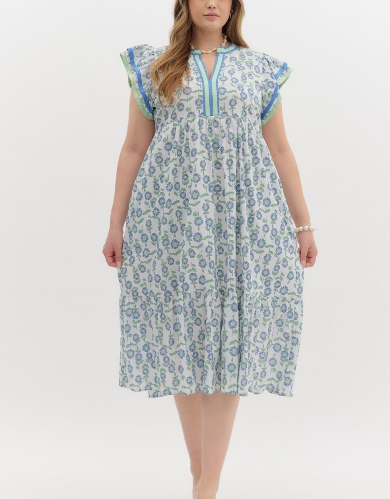 Green & Blue Floral Dress w/ Contrast Trim