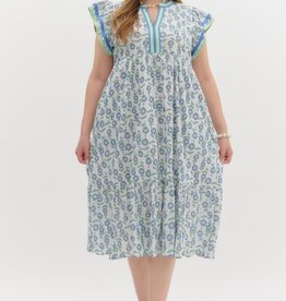 Green & Blue Floral Dress w/ Contrast Trim