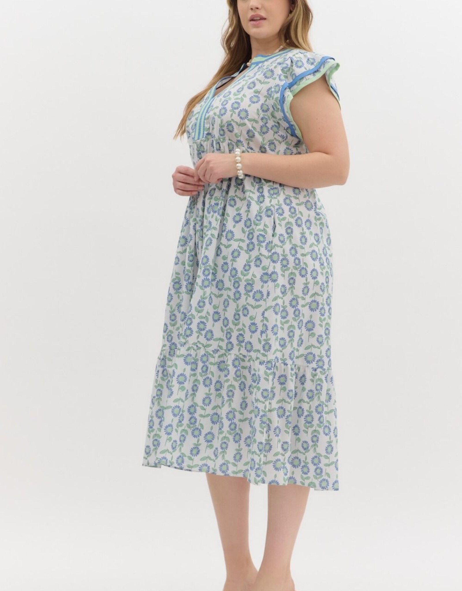 Green & Blue Floral Dress w/ Contrast Trim