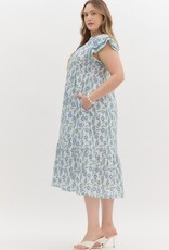 Green & Blue Floral Dress w/ Contrast Trim