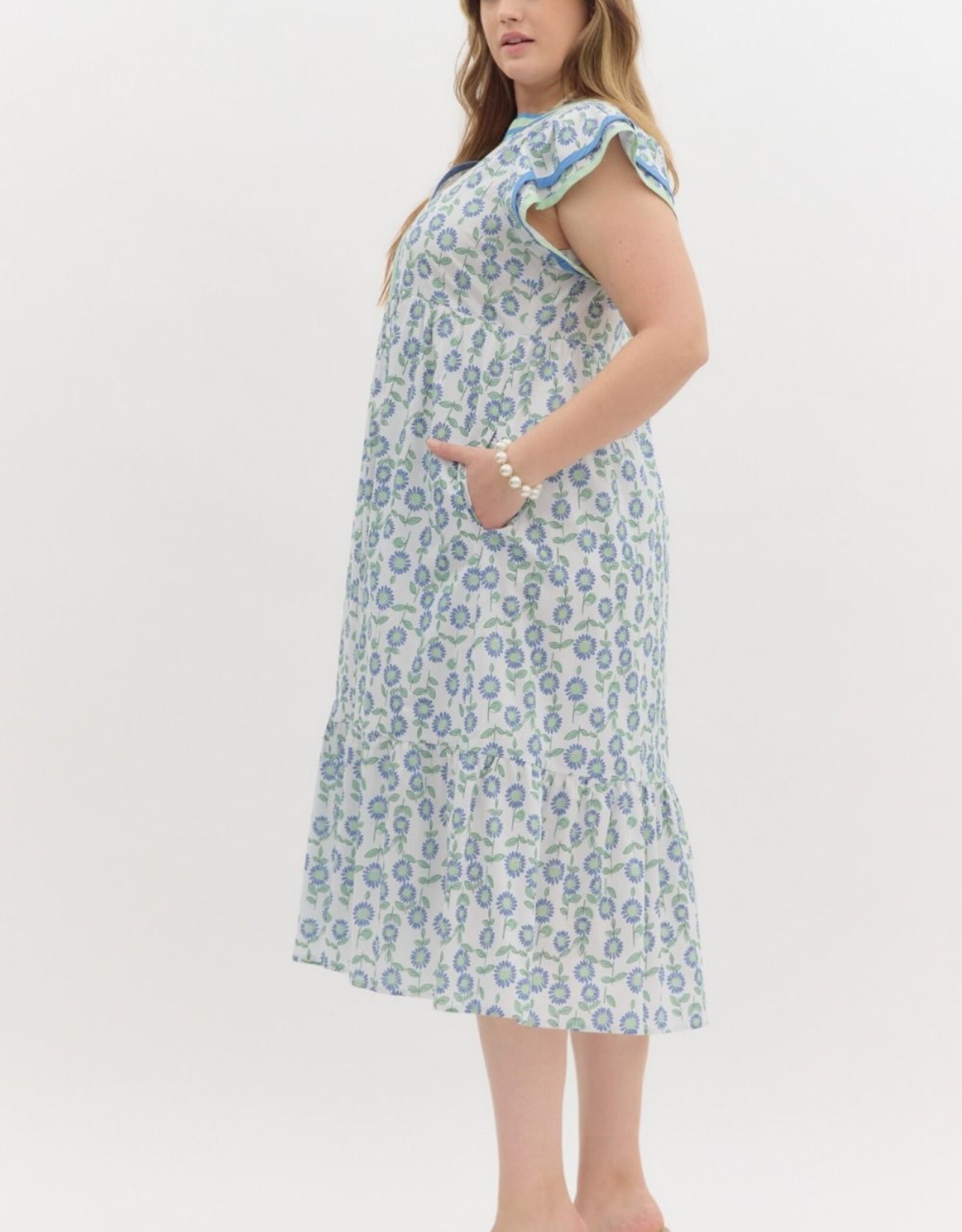 Green & Blue Floral Dress w/ Contrast Trim