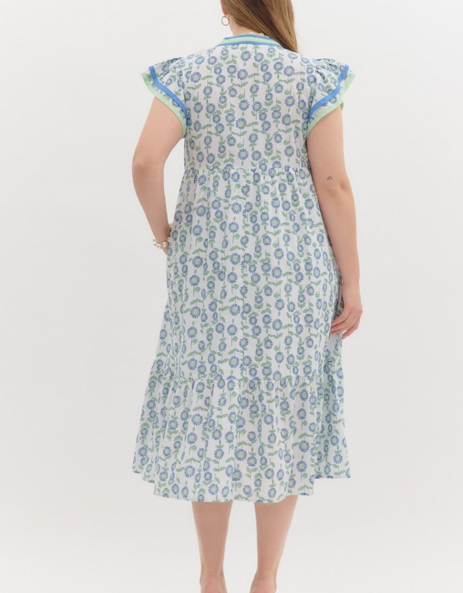 Green & Blue Floral Dress w/ Contrast Trim