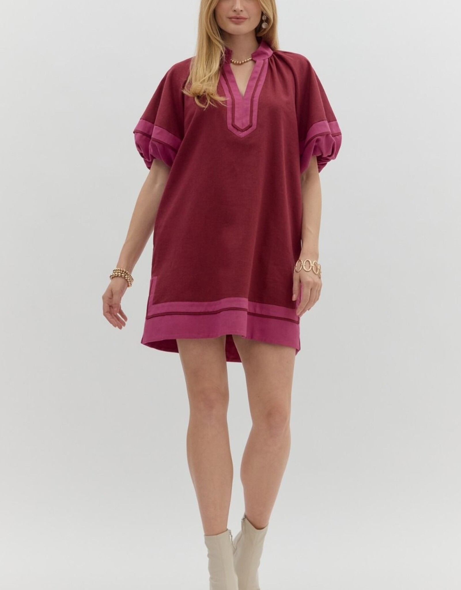 Burgundy Dress w/ Contrast Detail