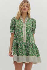Green Floral Dress w/ Striped Trim