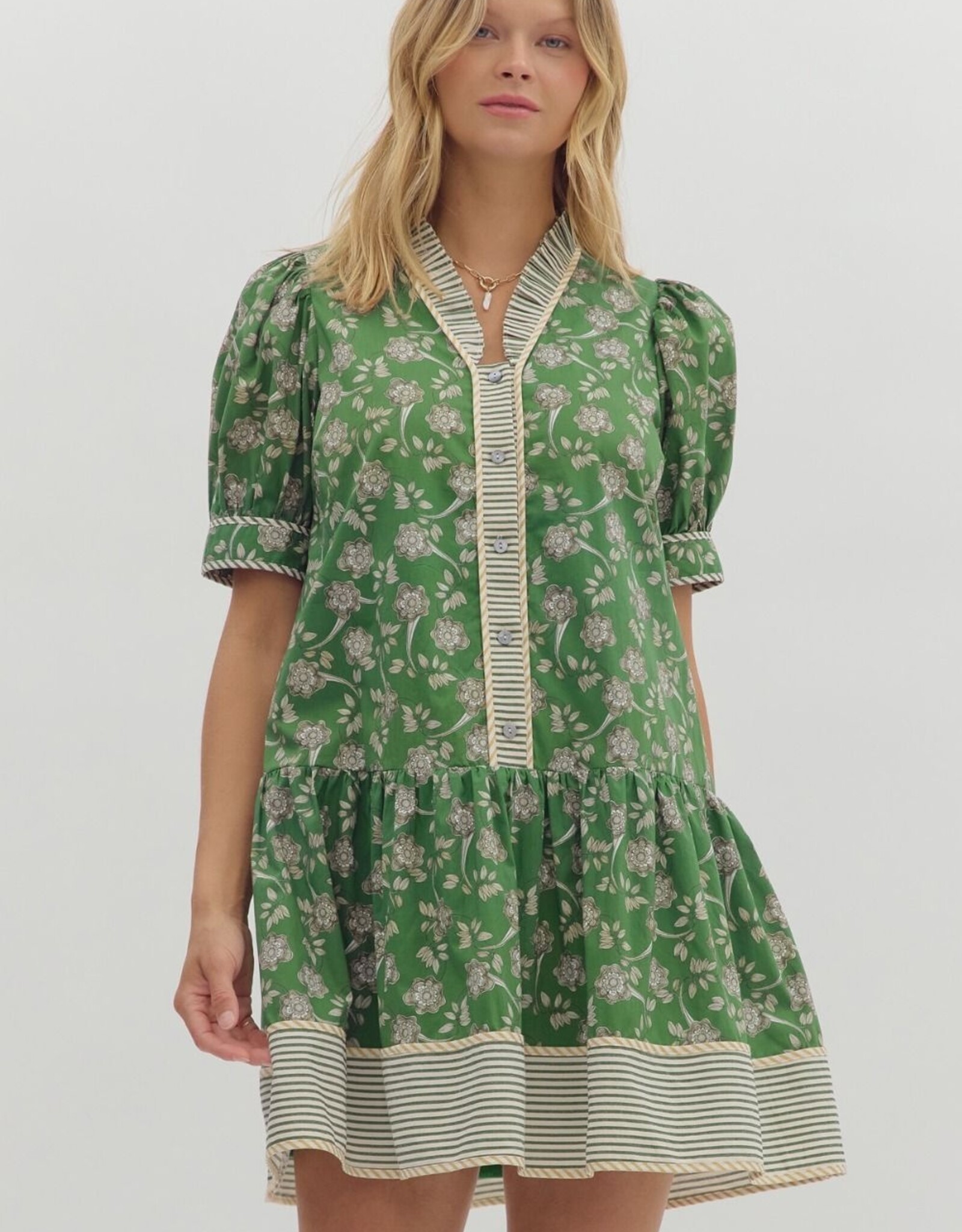 Green Floral Dress w/ Striped Trim