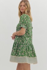 Green Floral Dress w/ Striped Trim