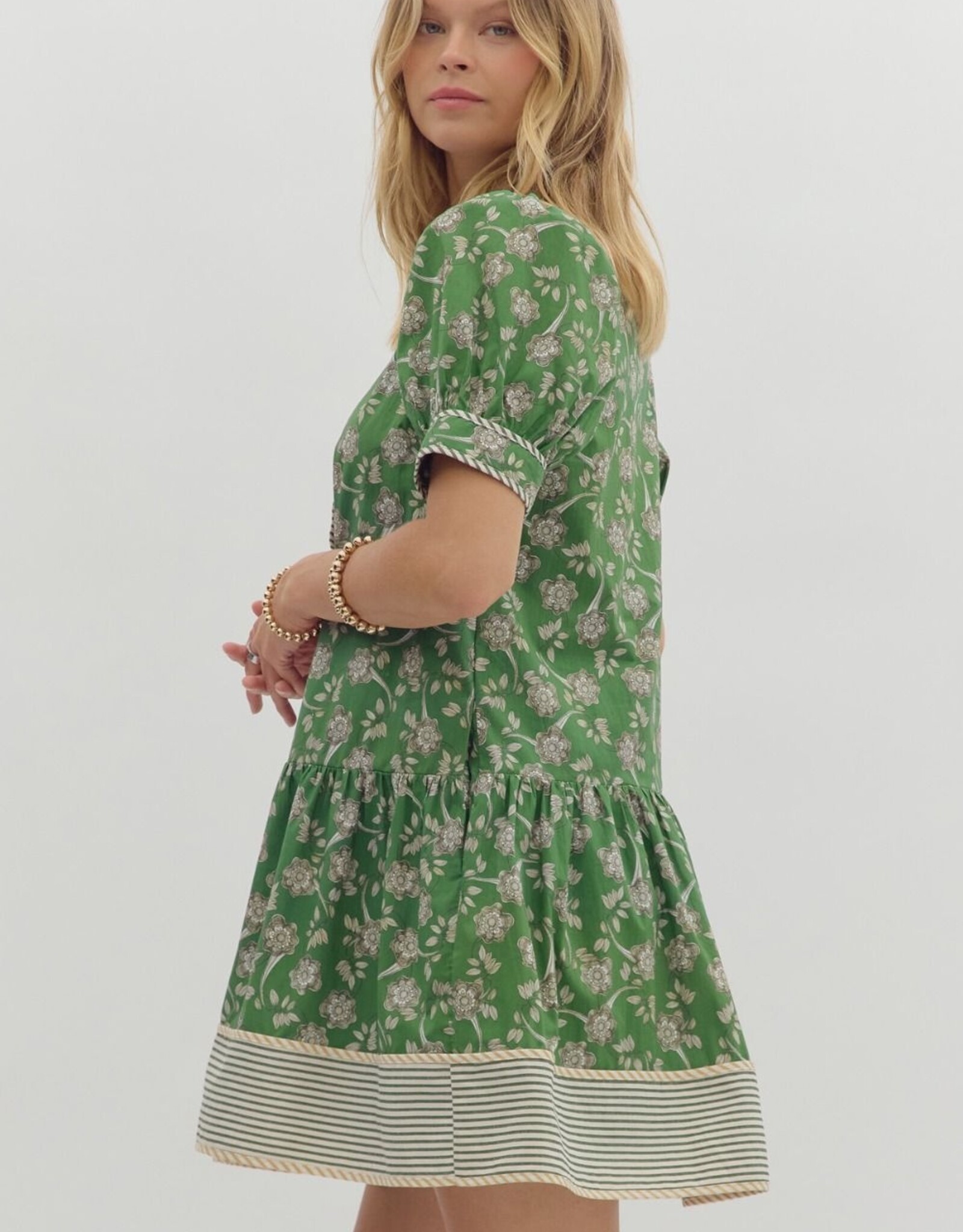 Green Floral Dress w/ Striped Trim