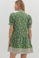Green Floral Dress w/ Striped Trim