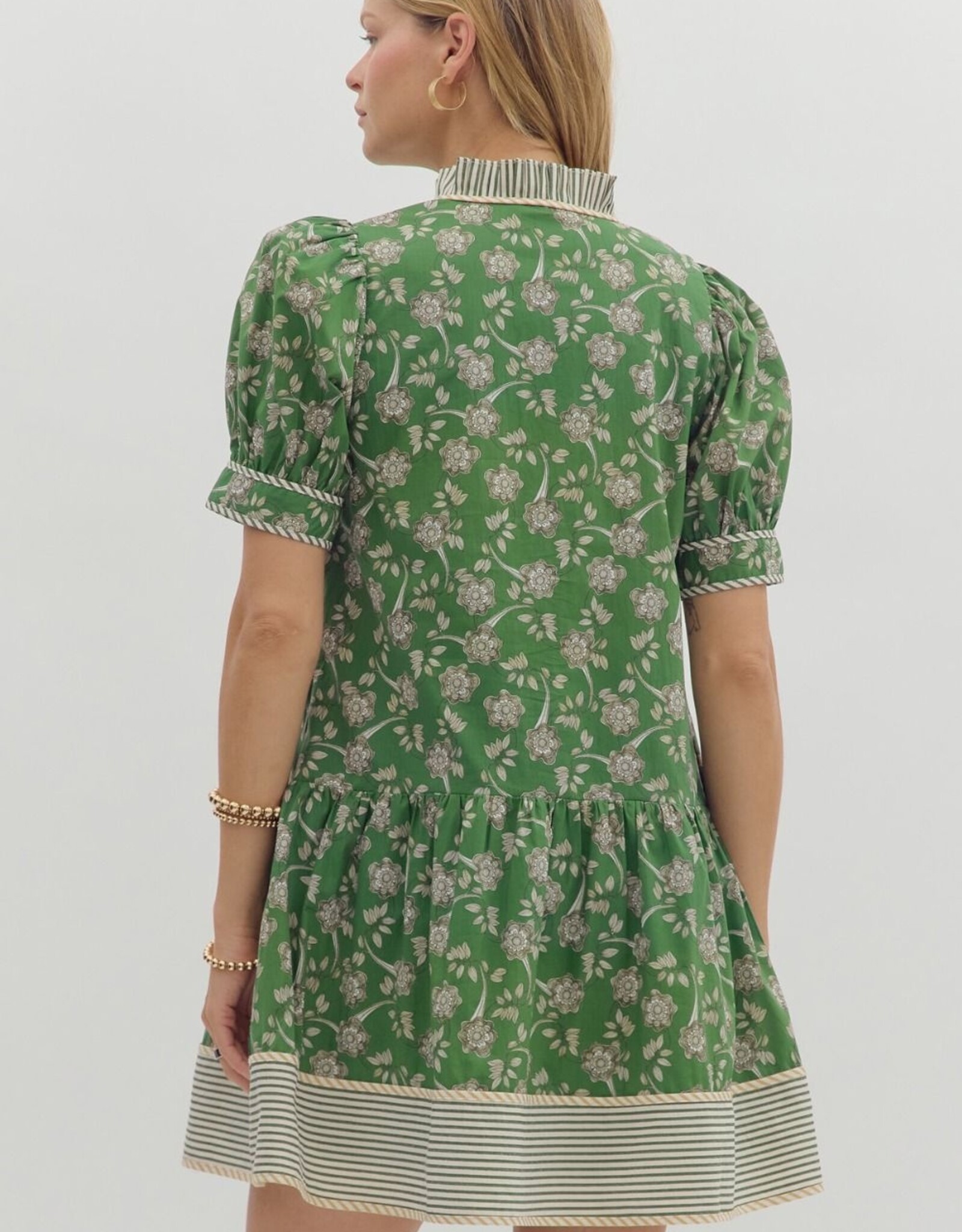 Green Floral Dress w/ Striped Trim