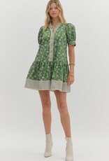 Green Floral Dress w/ Striped Trim
