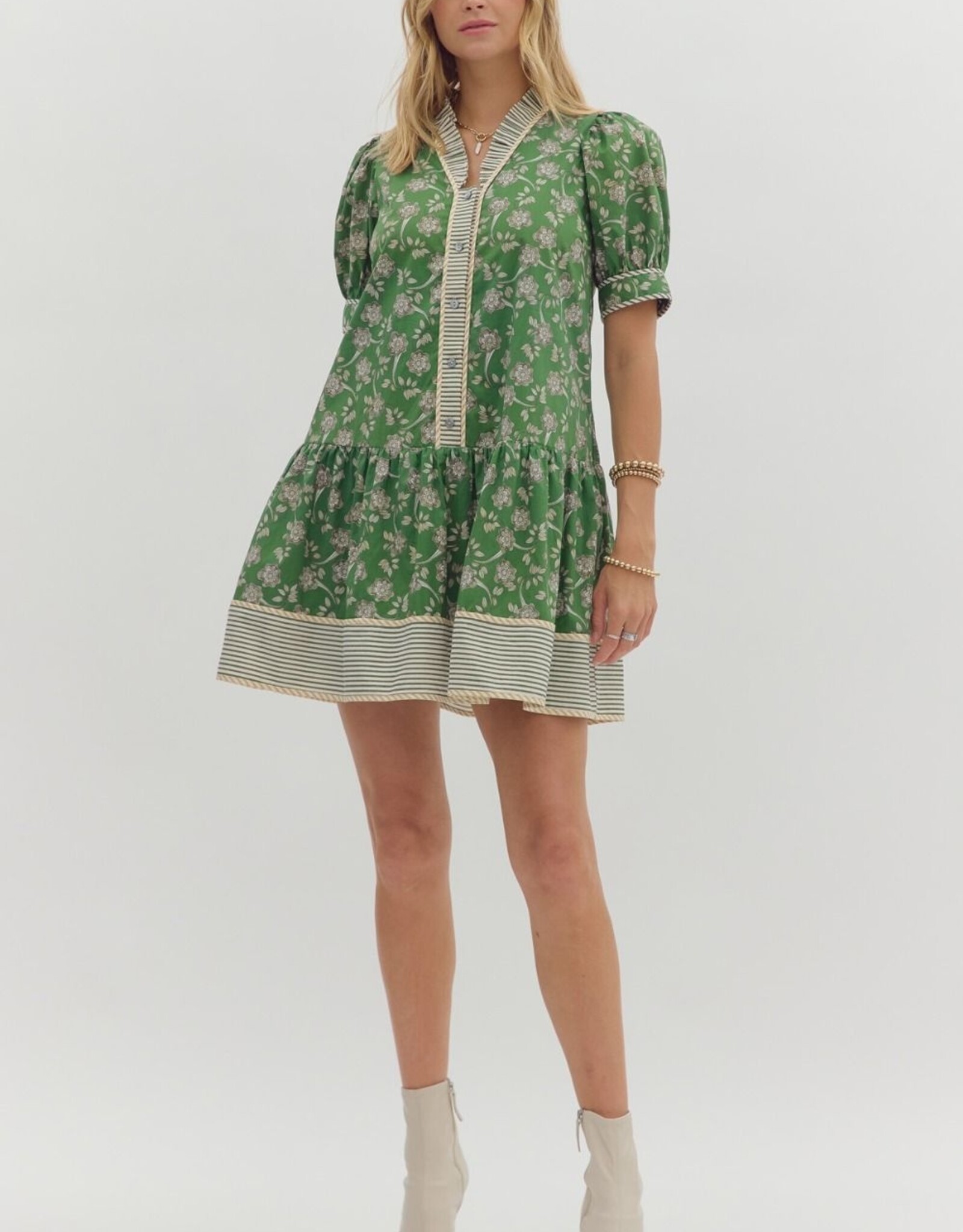 Green Floral Dress w/ Striped Trim
