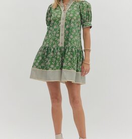 Green Floral Dress w/ Striped Trim