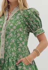 Green Floral Dress w/ Striped Trim