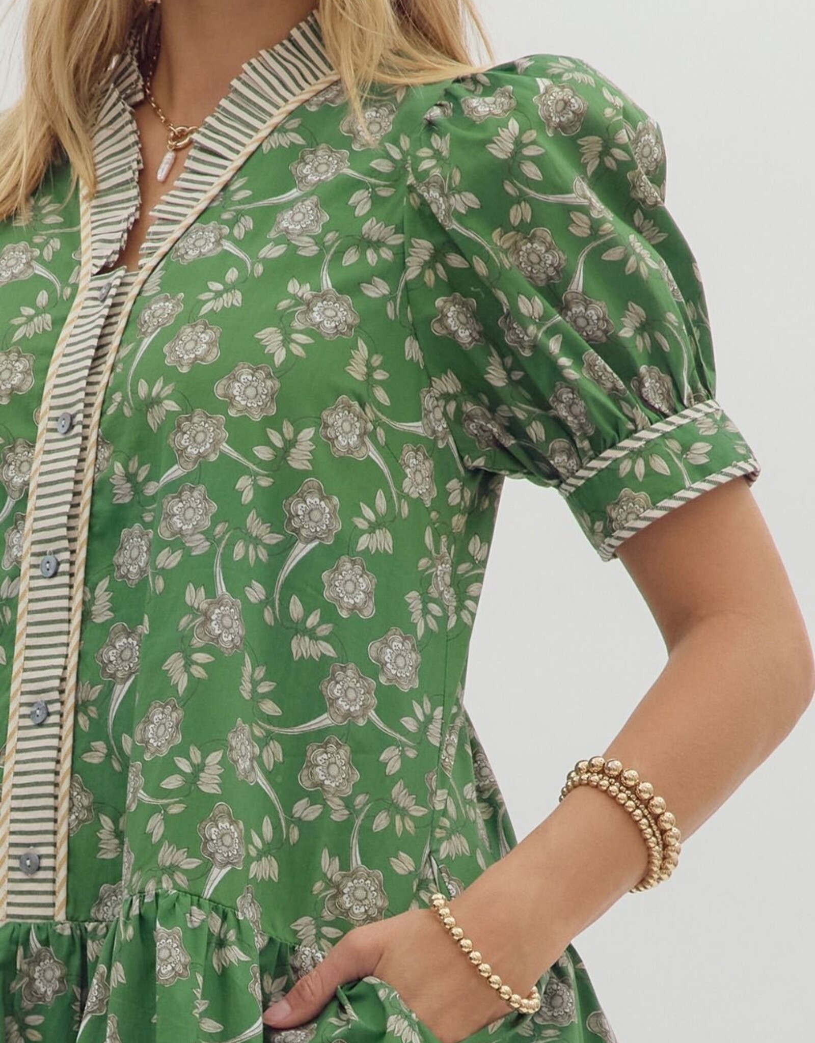Green Floral Dress w/ Striped Trim