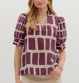 Wine Abstract Puff Sleeve Blouse