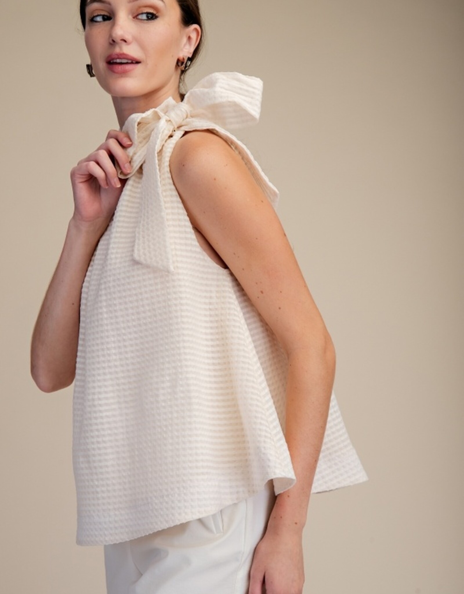 White Sleeveless Bow Top